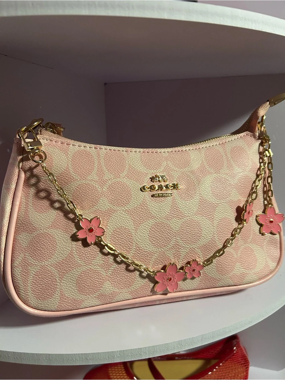 Coach Pink Floral Chain Wristlet with Gold Hardware